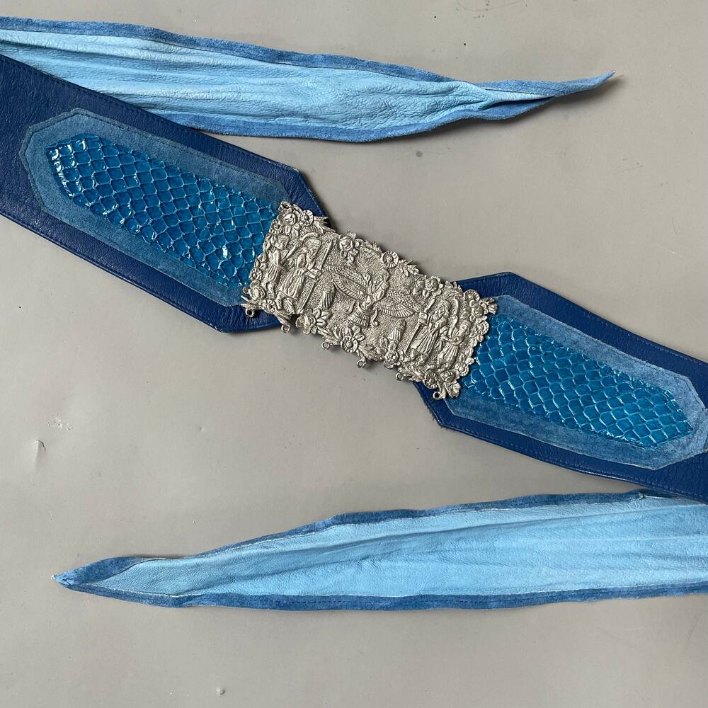 VTG 80s Egypt Wide Leather Snakeskin Appliqué Tie Belt High Waist Maximalist